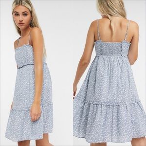 & Other Stories Blue & White Floral Print Cami Mini Dress with Tiered Ruffles